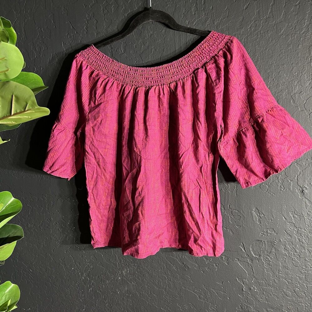 prAna Top Womens Chryssa Off Shoulder Ruffle Sleeve Blouse Small Magenta Smocked